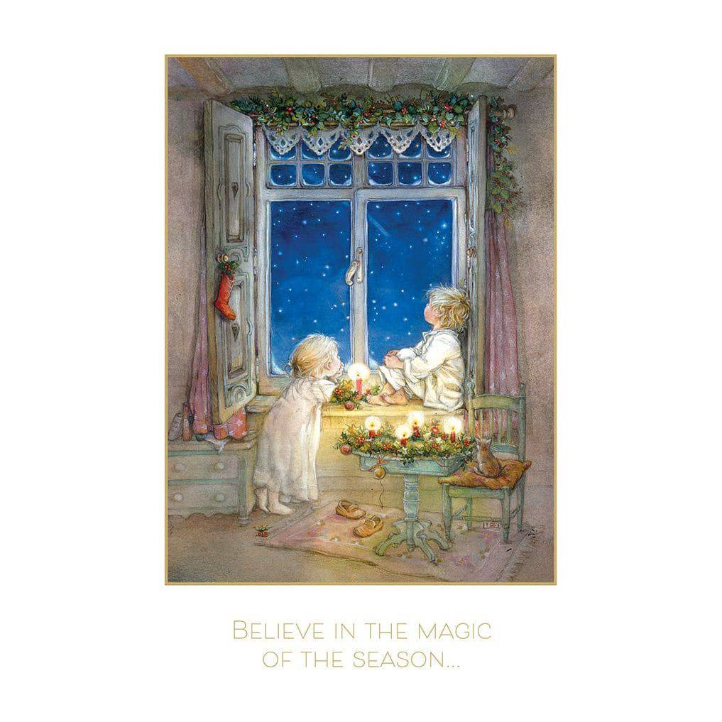 Boy and girl looking out window on Christmas card by Pictura, featuring festive holiday scene with winter landscape and snow.